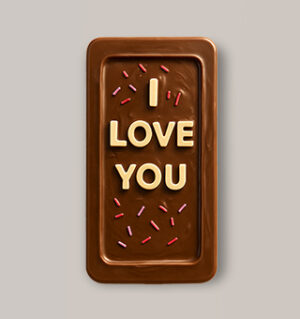 Milk chocolate bar with "I Love You" text and colorful sprinkles